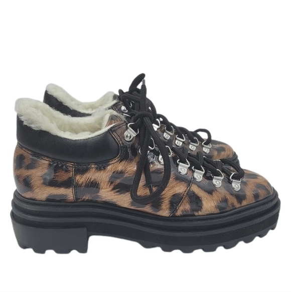 Shutz Shoes - Schutz Lucille Leopard Patent Faux Shearling Ankle Boots 7B Lug Sole Block Heel